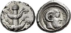 Greek Coins Cyrenaica, Cyrene Tetradrachm in alliance with Euhesperides circa 480-435, AR 25 mm, 17.30 g. [Ε - Υ] /Ε – Σ (retrograde) Silphium plant with two pairs of leaves and five umbels. Rev. KVPA