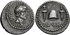 The Roman Republic Marcus Junius Brutus and L. Plaetorius Caestianus. Denarius, Northern Greece 43-42 BC, AR 19 mm, 3.82 g. BRVT IMP L·PLAET·CEST Bare head of Brutus r. Rev. EID·MAR Pileus between two