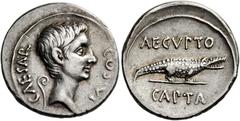 The Roman Empire Octavian 32 – 27 Denarius, Brundisium and Roma (?) circa 29-27, AR 20 mm, 3.84 g. CAESAR – COS·VI Bare head r.; behind, lituus. Rev. AEGVPTO / CAPTA Crocodile advancing r. C 2. BMC 65