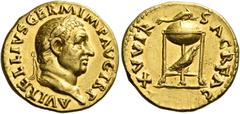 The Roman Empire Vitellius, April –December 69 Aureus late April 69-December 69, AV 20 mm, 7.25 g. A VITELLIVS GERMAN IMP TR P Laureate head r. Rev. XV VIR – SACR FAC Tripod with dolphin set r. on top