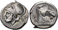 The Roman Republic Anonymous. Didrachm, Neapolis circa 310-300, AR 20 mm, 7.45 g. Helmeted head of bearded Mars l.; behind, oak-spray. Rev. Horse's head r. on base inscribed ROMANO; behind, corn ear. 
