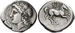 The Roman Republic Didrachm, Neapolis circa 276-270, AR 20 mm, 7.23 g. ROMANO Laureate head of Apollo l. Rev. Horse galloping r.; above, star of sixteen rays. Sydenham 4. Crawford 15/1b. RBW 9. Histor