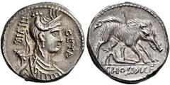 The Roman Republic C. Hosidius C.f. Geta. Denarius 68, AR 18 mm, 3.84 g. III·VIR – GETA Diademed and draped bust of Diana r., with bow and quiver over shoulder. Rev. Boar r. wounded by spear and attac