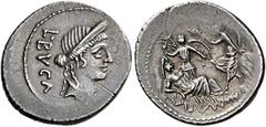 The Roman Republic L. Aemilius Buca. Denarius 44, AR 21 mm, 3.87 g. L·BVCA Diademed head of Venus r. Rev. Sulla reclining on rock l.; on r., Luna descending from mountain and behind, Victory with spre