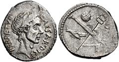 The Roman Republic C. Iulius Caesar with L. Aemilius Buca. Denarius 44, AR 21 mm, 4.08 g. CAESAR·DICT – PERPETVO Wreathed head of Caesar r. Rev. Fasces and caduceus in saltire; on l., axe and on r., g