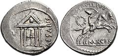 The Roman Republic P. Sepullius Macer. Denarius 44, AR 19 mm, 3.98 g. [CLEM – ENTIAE] – CAESAREIS Tetrastyle temple. Rev. P·SEPVLLIVS – MACER Desultor galloping r., holding whip in r. hand and reins o