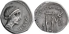 The Roman Republic Q. Caepio Brutus. Denarius, mint moving with Brutus 43-42, AR 19 mm, 3.93 g. [LE]IBERTAS Head of Libertas r . Rev. [CAE]PIO·BRVTVS·PRO·COS Plectrum, lyre and laurel branch tied with
