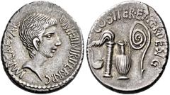 The Roman Republic C. Caesar Octavianus. Denarius, mint moving with Octavianus 37, AR 20 mm, 3.94 g. IMP·CAESAR – DIVI·F·III·VIR·ITER·R P·C Bearded head of Octavian r. Rev. COS·ITER·ET·TER·DESIG Simpu