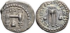 The Roman Republic Q. Caepio Brutus and L. Sestius Pro. Q. Quinarius, mint moving with Brutus 43-42, AR 15 mm, 1.6 g. L SESTI PRO Q Sella against which rests staff; below, modius. Rev. Q CAEPIO BRVTVS