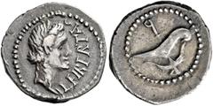 The Roman Republic M. Iunius Brutus. Quinarius, mint moving with Brutus 43-42, Billon 14 mm, 1.82 g. LEIBERTAS Laureate head of Libertas r. Rev. Prow-stem and anchor in saltire. Babelon Junia 33. C –,