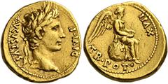 The Roman Empire Octavian as Augustus,27 BC–14 AD Quinarius, Lugdunum 7-6 BC, AV 16 mm, 3.91 g. AVGVSTVS – DIVI F Laureate head r. Rev. TR POT – XVII Victory seated r. on globe. C 314. BMC 497. RIC 20