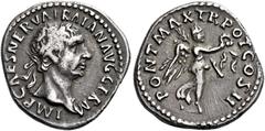The Roman Empire Trajan augustus, 98–117 Quinarius 98, AR 15 mm, 1.94 g. IMP CAES NERVA TRAIAN AVG GERM Laureate head r., with aegis. Rev. PONT MAX TR POT COS II Victory advancing r., holding wreath i