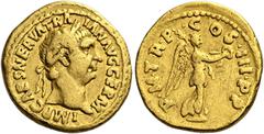 The Roman Empire Trajan augustus, 98–117 Quinarius 100, AV 15 mm, 3.53 g. IMP CAES NERVA TRAIAN AVG GERM Laureate head r. Rev. P M TR P COS III P P Victory advancing r., holding wreath in r. hand, pal