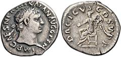 The Roman Empire Trajan augustus, 98–117 Quinarius 103, AR 15 mm, 1.55 g. IMP CAES NERVA TRAIAN AVG GERM Laureate head r. Rev. DACICVS COS V P P Victory seated l., holding patera in r. hand, palm over