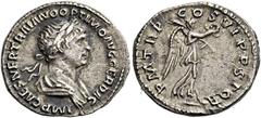 The Roman Empire Trajan augustus, 98–117 Quinarius 116-117, AR 17 mm, 1.56 g. IMP CAES NER TRAIAN OPTIMO AVG GERM DAC Laureate, draped and cuirassed bust r. Rev. PARTHICO P M TR P COS VI P P S P Q R V