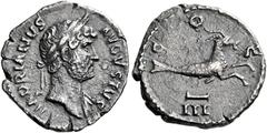 The Roman Empire Hadrian augustus, 117–138 Quinarius 124-125, AR 16 mm, 280 g. HADRIANVS – AVGVSTVS Laureate bust r., with slight drapery. Rev. COS III Capricorn r. C 438. BMC 440. RIC 727. King 7d (t