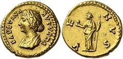 The Roman Empire Faustina II, daughter of Antoninus Pius and wife of Marcus Aurelius Quinarius 161-174, AV 16 mm, 3.64 g. FAVSTINA – AVGVSTA Draped bust l. Rev. VE – NVS Venus standing l., holding app