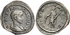 The Roman Empire Herennius Etruscus caesar, 250–251 Quinarius 250-251, AR 15 mm, 1.06 g. Q HER ETR MES DECIVS NOB C Bare-headed and draped bust r. Rev. PRINCIPI IVVENTVTIS Prince in military attire st