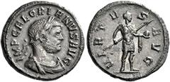 The Roman Empire Florian, 276 Quinarius, 276, Billon 15 mm, 1.49 g. IMP C FLORIANVS AVG Laureate, draped and cuirassed bust r. Rev. VIRTV – S – AVG Emperor standing r., holding spear in r. hand and gl