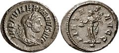 The Roman Empire Numerian augustus, 283–284 Quinarius 283-284, Billon 15 mm, 1.63 g. IMP NVMERIANVS AVG Laureate, draped and cuirassed bust r. Rev. PIETA – S – AVGG Mercury standing l., holding purse 