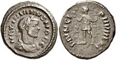 The Roman Empire Galerius caesar, 293–305 Quinarius 293, Billon 15 mm, 2.02 g. MAXIMIANVS NOB C Laureate and draped bust r. Rev. PRINCIPI IVVENT Prince standing l., holding military standards. C –. RI