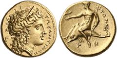 *Greek Coins Calabria, Tarentum Half stater circa 333-331/0, AV 14 mm, 4.26 g. TAPANTINΩN Head of Hera r., wearing stephane, triple-pendant earring and necklace; in l. field, E. Rev. TAPAΣ Dolphin rid