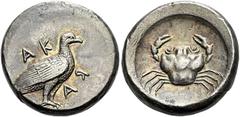 Greek Coins Sicily, Agrigentum Didrachm circa 480-470, AR 21 mm, 8.64 g. AK – RA Eagle standing r., with folded wings. Rev. Crab. SNG Copenhagen 29 (these dies). Westermark, Akragas, 251.3 (this coin)