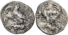 Greek Coins Sicily, Agrigentum Plated drachm circa 420, AR 27 mm, 2.43 g. Two eagles perched l. on carcass of hare; further eagle, wings half open, leaning forward to peck; the nearer, with closed win