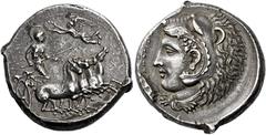 *Greek Coins Sicily, Camarina Tetradrachm circa 425-405, AR 26 mm, 16.82 g. Fast quadriga driven r. by helmeted Athena, holding reins and kentron; above the horses Nike flying l. to crown her. In exer