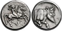 Greek Coins Sicily, Gela Didrachm circa 490/85-480/75, AR 19 mm, 8.51 g. Horseman riding r., preparing to cast javelin. Rev. CE[ΛΑΣ] Forepart of man-headed bull r. within circular incuse. McClean 983 