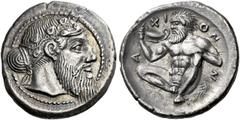 Greek Coins Sicily, Naxos Drachm circa 460, AR 18 mm, 4.29 g. Bearded head of Dionysus r., wearing ivy-wreath, hair tied up with a knot on the nape of his neck. Rev. N – A – XI – ON Naked, bearded Sil