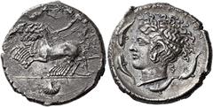 Greek Coins Sicily, Syracuse Tetradrachm circa 415-405, AR 28 mm, 16.41 g. Prancing quadriga driven l. by charioteer, holding reins and kentron; above, Nike flying r. to crown him; in exergue, cockle 