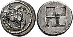 Greek Coins Thraco-Macedoniantribes, The Krestonians or Mygdonians Stater circa 485-480, AR 22 mm, 9.16 g. Goat kneeling r., head reverted; above, dotted Θ. Rev. Quadripartite incuse square. Svoronos,