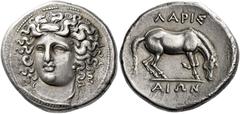 *Greek Coins Thessaly, Larissa Didrachm circa 356-342, AR 24 mm, 12.03 g. Head of nymph Larissa facing three-quarters l., wearing ampyx, earring and necklace. Rev. ΛAPI – Σ / AIΩN Horse crouching r., 