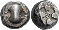Greek Coins Boeotia, Thebes Stater circa 480-460, AR 17 mm, 12.32 g. Boeotian shield. Rev. Square incuse with anti-clockwise mill-sail pattern; + in centre. Head, Boeotia, p. 16, vii and pl. I, 7. Myr