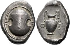 *Greek Coins Boeotia, Thebes Stater circa 425-400, AR 25 mm, 11.96 g. Boeotian shield. Rev. Θ – Ε Amphora within incuse square. BCD Boiotia, 388. HGC 4, 1325. Lovely old cabinet tone and good very fin