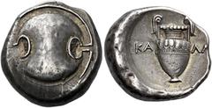 Greek Coins Boeotia, Thebes Stater, Kalli- magistrate circa 378-335, AR 22 mm, 12.23 g. Beotian shield. Rev. Amphora; KA – ΛΛ[I] across field; all within incuse concave circle. BCD Boiotia 555. BMC 15