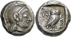 *Greek Coins Attica, Athens Tetradrachm circa 500/490-482, AR 23 mm, 17.22 g. Helmeted head of Athena r., wearing circular earring. Rev. AΘE Owl standing r., head facing; in l. field, olive-branch; al