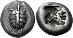 *Greek Coins Aegina, Aegina Stater circa 550-530/25, AR 21 mm, 12.09 g. "Proto-tortoise" with shell divided into thirteen segments. Rev. Incuse square. Holloway, ANSMN 17, Group C O7/R– (unlisted reve