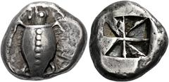 *Greek Coins Aegina, Aegina Stater circa 550-500, AR 21 mm, 12.15 g. Sea-turtle seen from above, with thin collar and dots running down its back. Rev. Incuse square divided into eight triangles, some 
