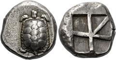 Greek Coins Aegina, Aegina Stater circa 456-431, AR 20 mm, 12.5 g. Land tortoise with segmented shell. Rev. Large square incuse with heavy skew pattern. Meadows, Aegina, Group IIIb. Milbank Period IV,