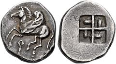 *Greek Coins Corinthia, Corinth Drachm circa 550-500, AR 16 mm, 2.83 g. Pegasus flying l.; below, koppa. Rev. Quadripartite incuse square with projections in each quarter. BMC 29. Rosen 1707. BCD Kori