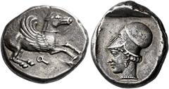 *Greek Coins Corinthia, Corinth Stater circa 460-450, AR 20 mm, 8.52 g. Pegasus flying r.; below, [koppa]. Rev. Head of Athena l., wearing Corinthian helmet. All within partially incuse square. Traité