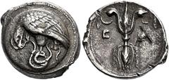 *Greek Coins Elis, Olympia Stater 96th Olympiad circa 396, AR 23 mm, 11.39 g. Eagle standing l., grasping coiled snake with his talons and tearing at its neck with his beak; all on round shield with r