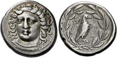 Greek Coins Elis, Olympia Drachm, Hera mint 105th Olympiad circa 360, AR 20 mm, 5.78 g. Head of nymph Olympia facing, turned slightly l., wearing pearl necklace, ribbon across the top of her forehead 