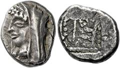 *Greek Coins Arcadia, Heraia Hemidrachm circa 500-495, AR 14 mm, 2.98 g. Veiled head of Hera to l., wearing stephane and beaded necklace. Rev. ΕΡ all within a shallow incuse square. Weber 4279 (this c