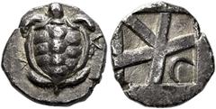 *Greek Coins Crete, Cydonia Hemidrachm circa 450-330, AR 14 mm, 2.88 g. Land tortoise; in r. field, A. Rev. Incuse square with skew patter; in one segment, crescent. Robinson, Pseudaeginetica, 1928, 8