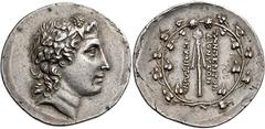 *Greek Coins Ionia, Teos(?) Tetradrachm, artist of Dionysus, II century BC, AR 38 mm, 16.86 g. Head of Dionysus r., wearing mitre and ivy-wreath. Rev. ΤΩΝ ΠΕΡΙ ΤΟΝ / ΔΙΟΝΥΣΙΟΝ / ΤΕΧΝΙΤΩΝ Filleted thyr