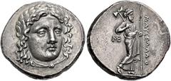 *Greek Coins Satraps of Caria, Maussolus, 377–353 Tetradrachm, Halicarnassus circa 370-360, AR 27 mm, 15.04 g. Head of Apollo facing slightly r., wearing laurel wreath, drapery around neck. Rev. MAYΣΣ