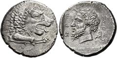 Greek Coins Dynasts of Lycia. Mithrapata, circa 380–375 Stater circa 380-375, AR 25 mm, 9.77 g. Forepart of a roaring lion r. Rev. ME-)(PA-ΠATA Head of the dynast l.; in r. field, triskeles. All withi